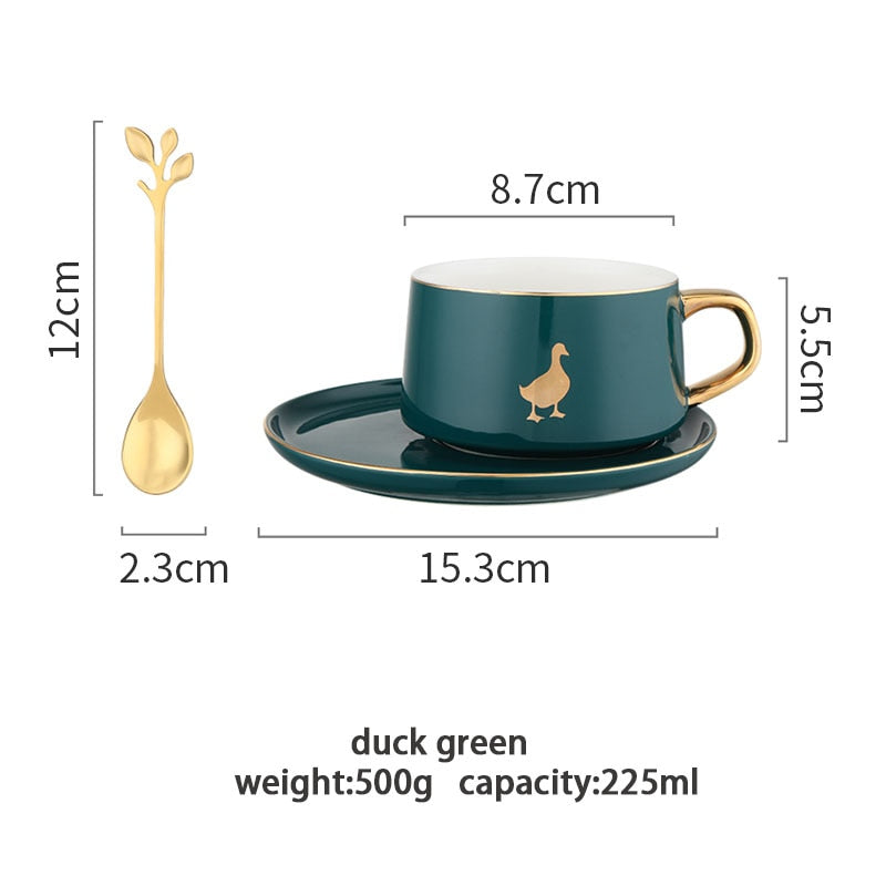 MDZF SWEETHOME 225ml Nordic Style Animal Coffee Cup With Dish Spoon Gold Handle Breakfast Milk Juice Mug Gift For Birthday