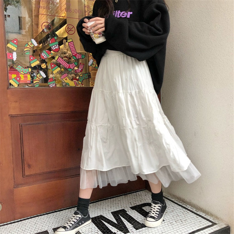 Long Tulle Midi Skirts Womens 2022 Autumn Elastic High Waist Mesh Tutu Pleated Skirts Female Black White Long Skirt Streetwear