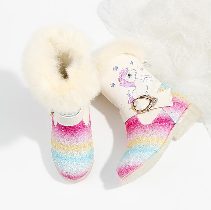 Fashion Girls Snow Boots With Sequins Waterproof Pu Leather Princess Rainbow Unicorn Plush Boots Winter Kids Cartoon Shoes