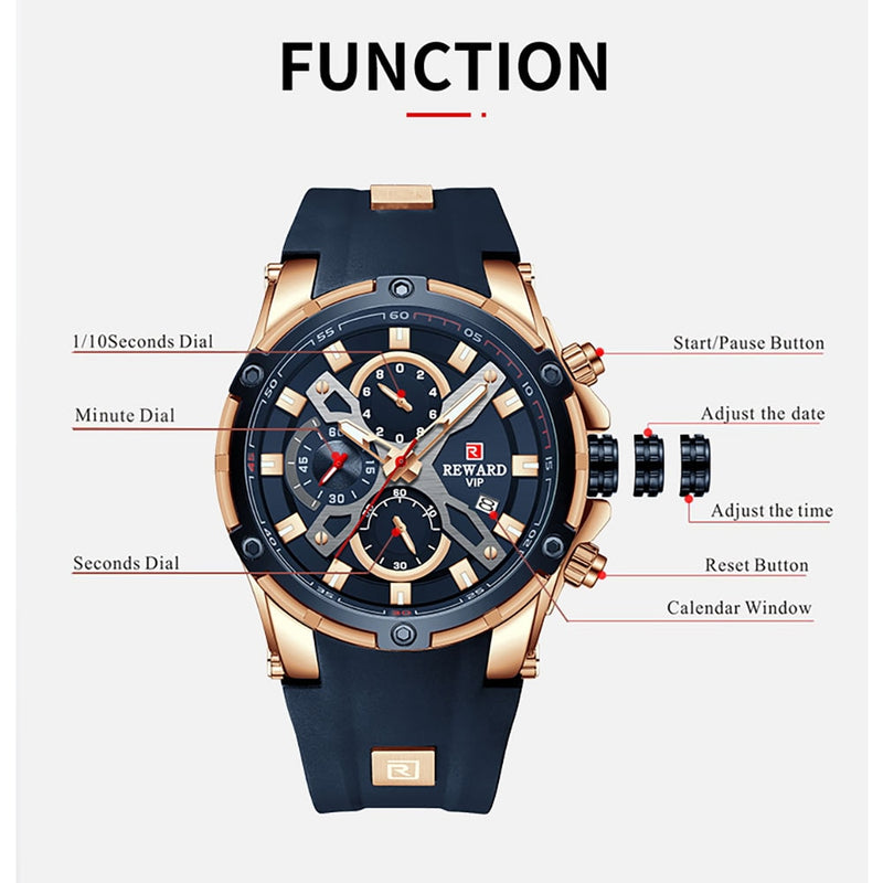 2022 New REWARD Mens Watches Blue Waterproof Top Luxury Brand Chronograph Sport Watch Quartz For Men Wristwatch Military Male