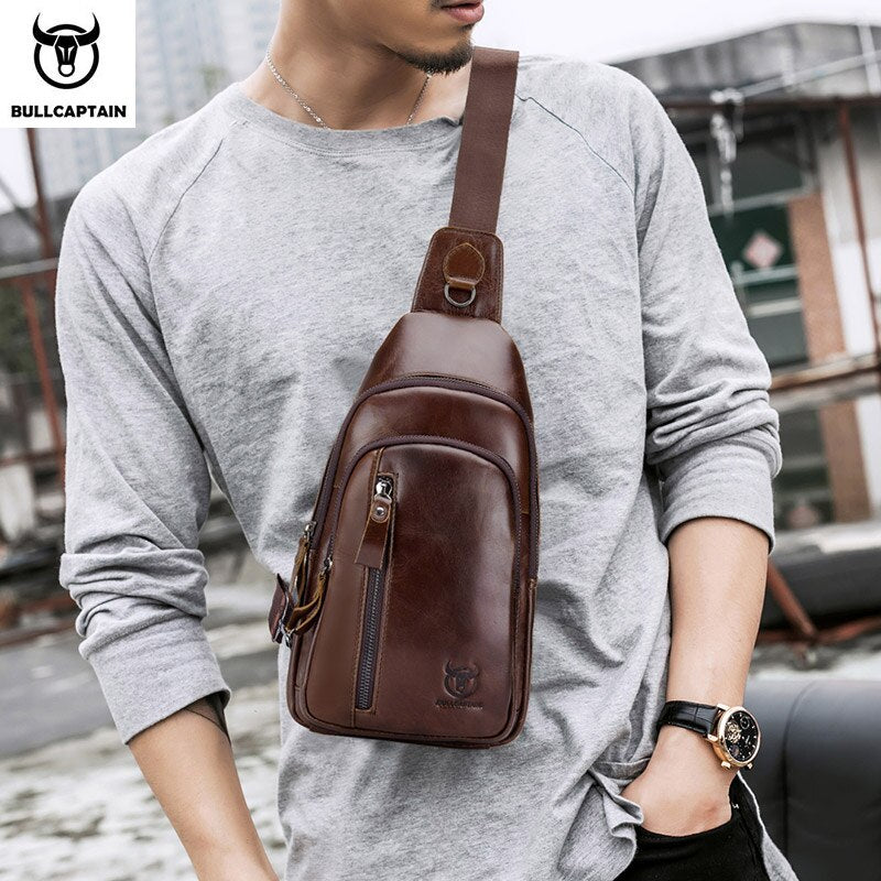 BULLCAPTAIN men's Genuine leather Casual Crossbody Bags Leather Chest Bag for men Fashion excursion bag's Can hold 7.9 inch iPai