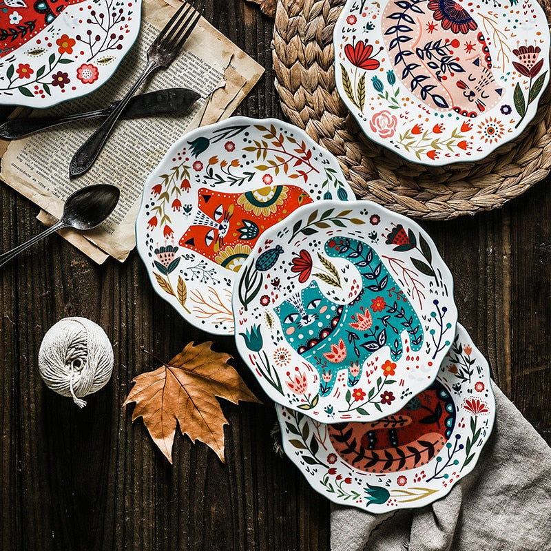 Plato de gato pintado a mano de dibujos animados creativos nórdicos de 8 pulgadas, vajilla de cerámica bajo plato de postre esmaltado, plato de carne para aperitivos en microondas
