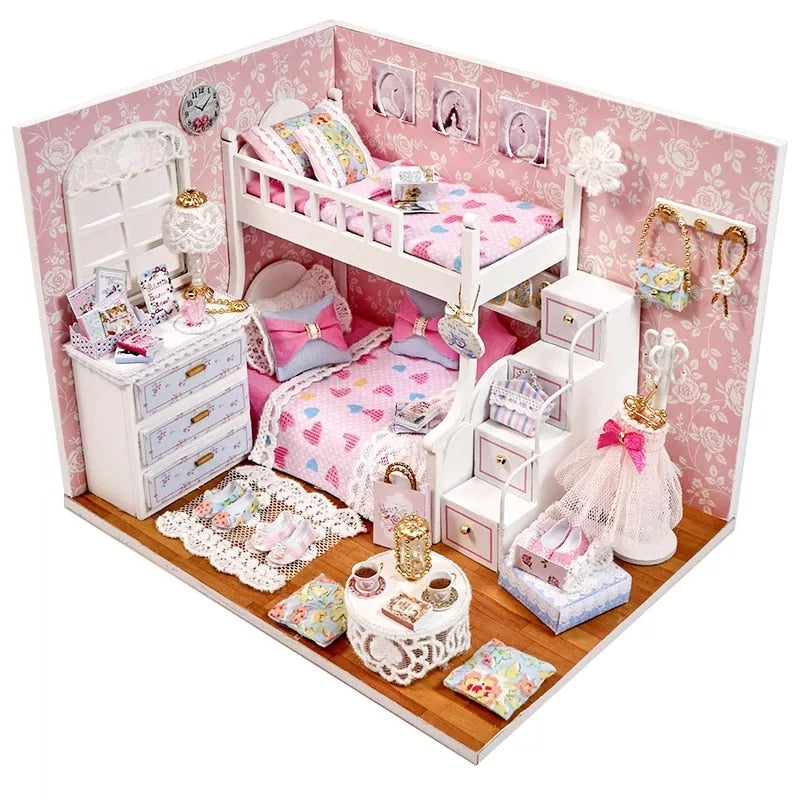 Cutebee DIYHouse miniatura con muebles LED música polvo cubierta modelo Juguetes De bloques De construcción para niños Casa De Boneca