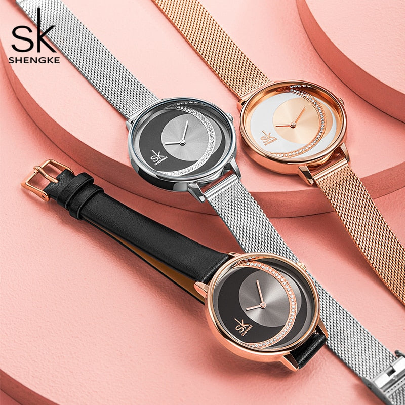 Reloj de cristal Shengke para mujer, relojes de vestir de marca de lujo para mujer, relojes de pulsera de cuarzo de diseño Original, reloj creativo para mujer