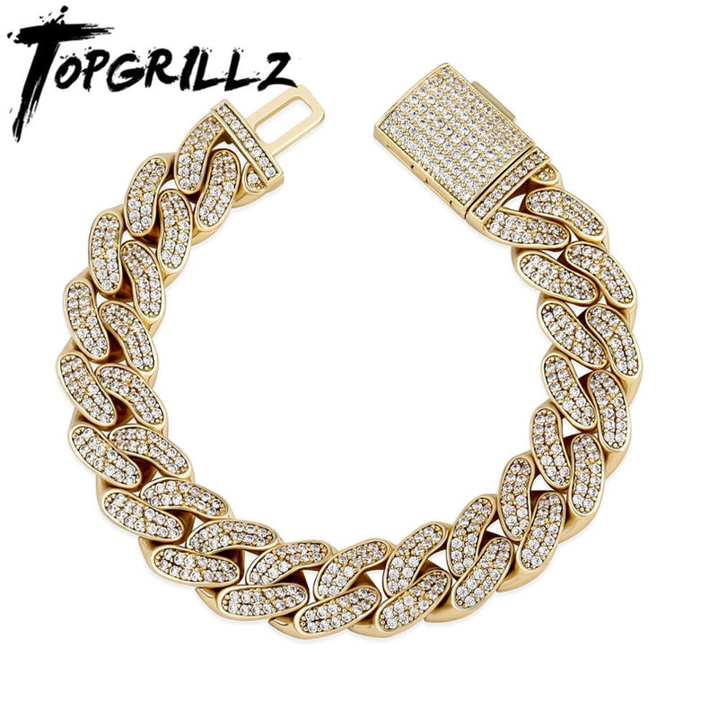 TOPGRILLZ 12MM/14MM Cuban Chain Bracelet With Box Clasp Gold Plated Micro Pave Iced Out Cubic Zirconia Hip Hop Jewelry For Gift