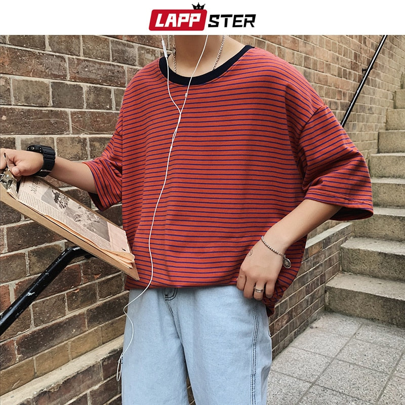 LAPPSTER Men Oversized Striped Tshirts 2022 Harajuku Cotton Tops Mens Colorful Yellow Tshirts Couple Streetwear T-shirts Tees