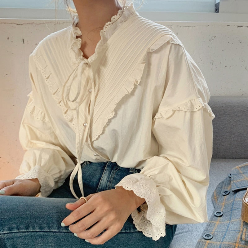 Vintage Casual Elegant Tops 2022 New Women Hollow Out Women Shirts Solid Long Sleeve Korean Style Bow Loose Blouses Blusas 9580