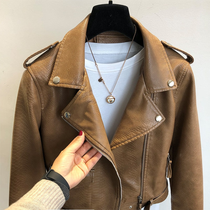 New Women Leather Coat Spring Autumn Long Sleeved With Belt Faux Leather Jacket Female Punk Outwear Ladies Biker Moto Outwear