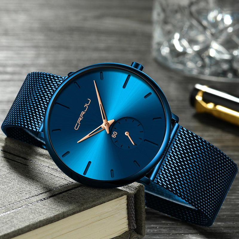 CRRJU Fashion Blue Men Watch Top Luxury Brand Minimalist Ultra-thin Quartz Watch Casual Waterproof Clock Relogio Masculino