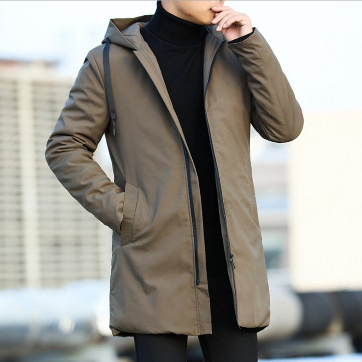 2019 Chaqueta de invierno para hombre con capucha Slim Korean Parka Hombre Chaqueta larga abrigo de cachemira para hombre rompevientos Parkas algodón ropa juvenil