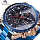 Forsining Mens Automatic Watch Blue Steel Band Calendar 3 Sub Dial Wristwatch Mechanical Waterproof Male Clock Relogio Masculino