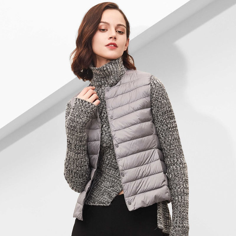 Women White Duck Down Vest Soft Ultra Light Jacket Winter Weightless Round Collar Portable Winter Sleeveless Warm Liner Button