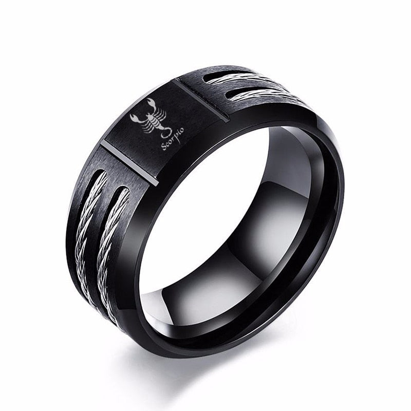 Vnox 12 Horoscope Ring for Men Black Stainless Steel Twisted Wia Insert Tough Man Anel Aries Leo Constellation Wedding Band