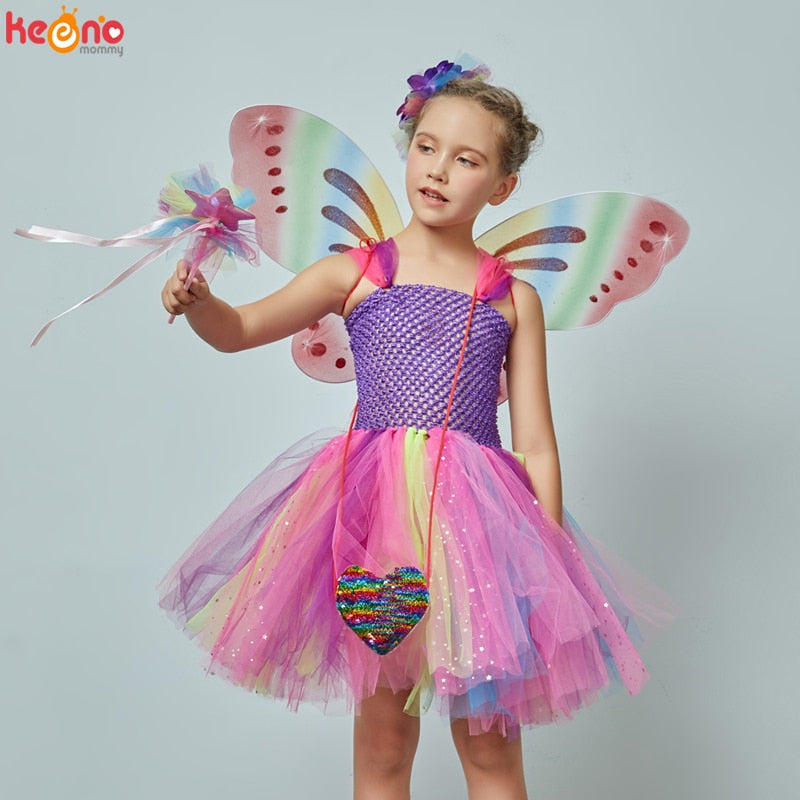 Mädchen Schmetterling Fee Kostüm Tutu Kleid Flügel Kostüm Kinder Prinzessin Geburtstagsfeier Halloween Cosplay Kinder Frühling Tüllkleid