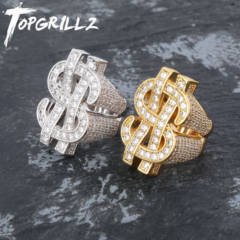 TOPGRILLZ Fashion Rock Iced Out Bling Gold Silver Color US Dollar Sign Rings AAA Cubic Zircon Hip Hop Ring for Men Jewelry