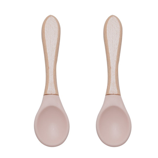 Baby Fork Spoon Silicone Wooden Feeding Spoon Soft Tip Fork BPA Free Food Grade Materia Bamboo Handle Toddlers Gifts