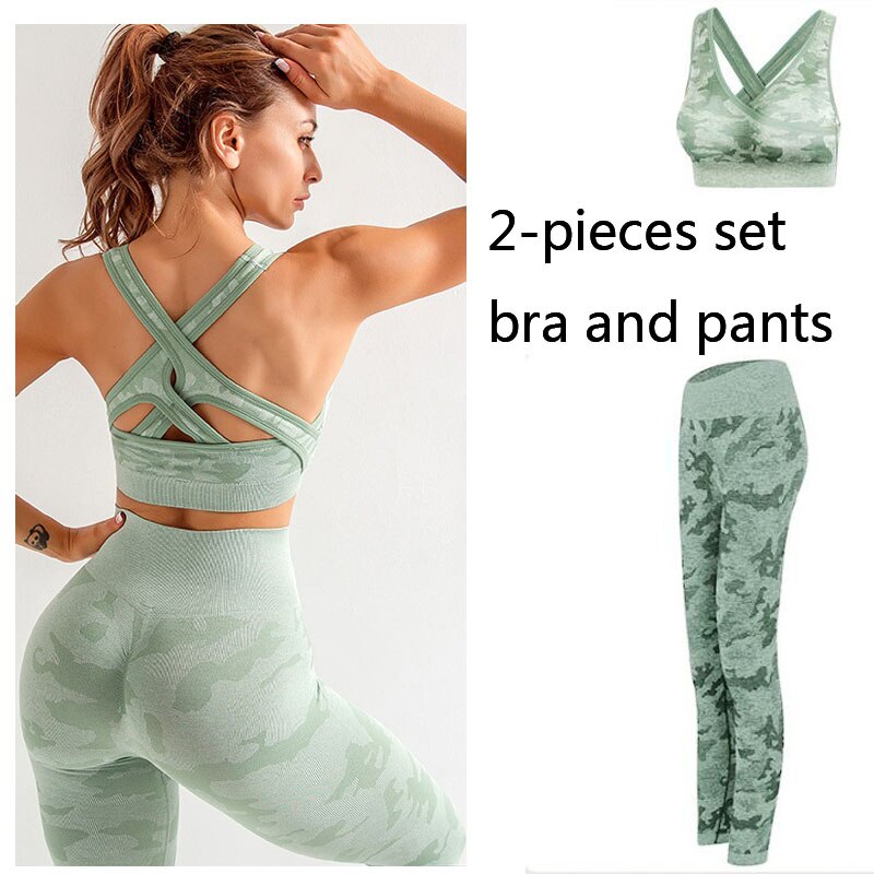 Conjunto de ropa de gimnasio para mujer, conjunto de Yoga de 2 piezas, sujetador deportivo y mallas para correr, mallas deportivas de entrenamiento sin costuras, traje deportivo para mujer