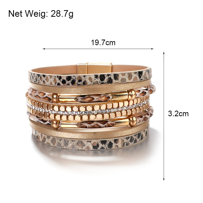 Amorcome Snakeskin Pattern Leather Bracelets for Women 2022 Trendy Metal Pipe Wide Multilayer Wrap Bracelet Female Jewelry Gift