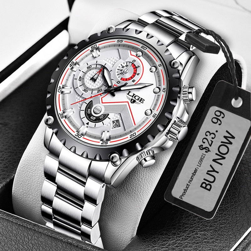 LIGE Fashion Mens Watches Top Luxury Brand Silver Stainless Steel 30m Waterproof Quartz Watch for Men Army Military Chronograph