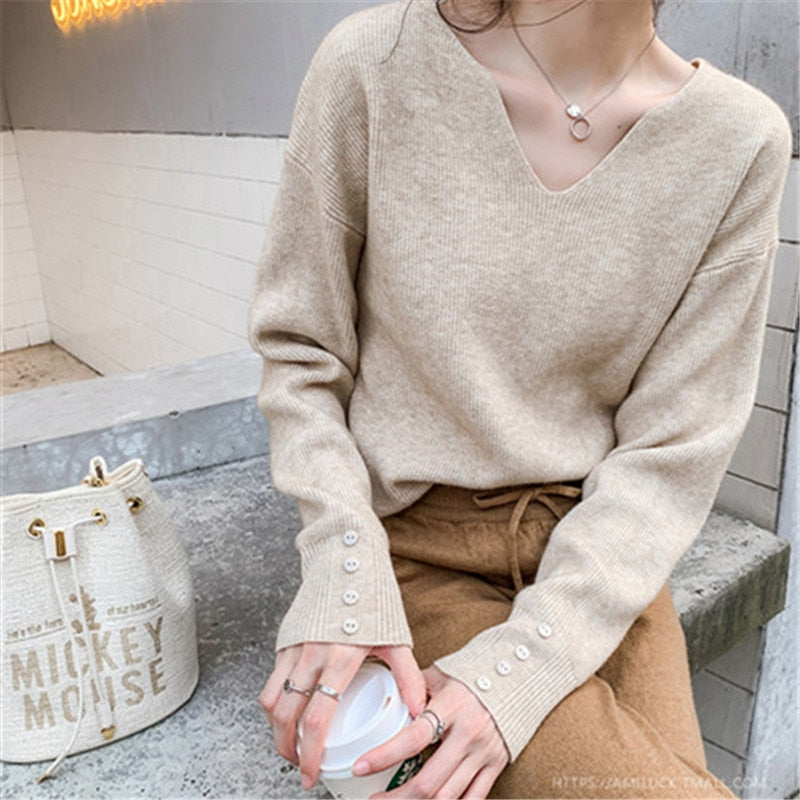 2022 Autumn Spring Women Sweaters Female Tops Knitted Thin Pullover Solid V-neck Loose Elegant Office Lady Casual All Match