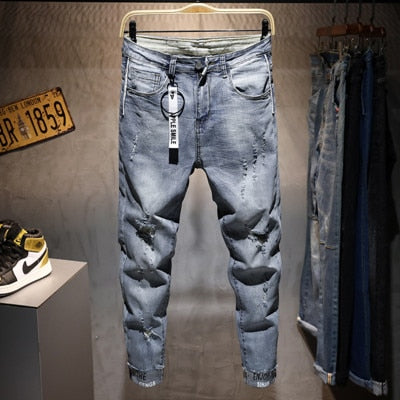 Männer Neue Zerrissene Lässige Röhrenjeans Hosen Modemarke Mann Streetwear Brief gedruckt Distressed Hole Grey Denim Pants