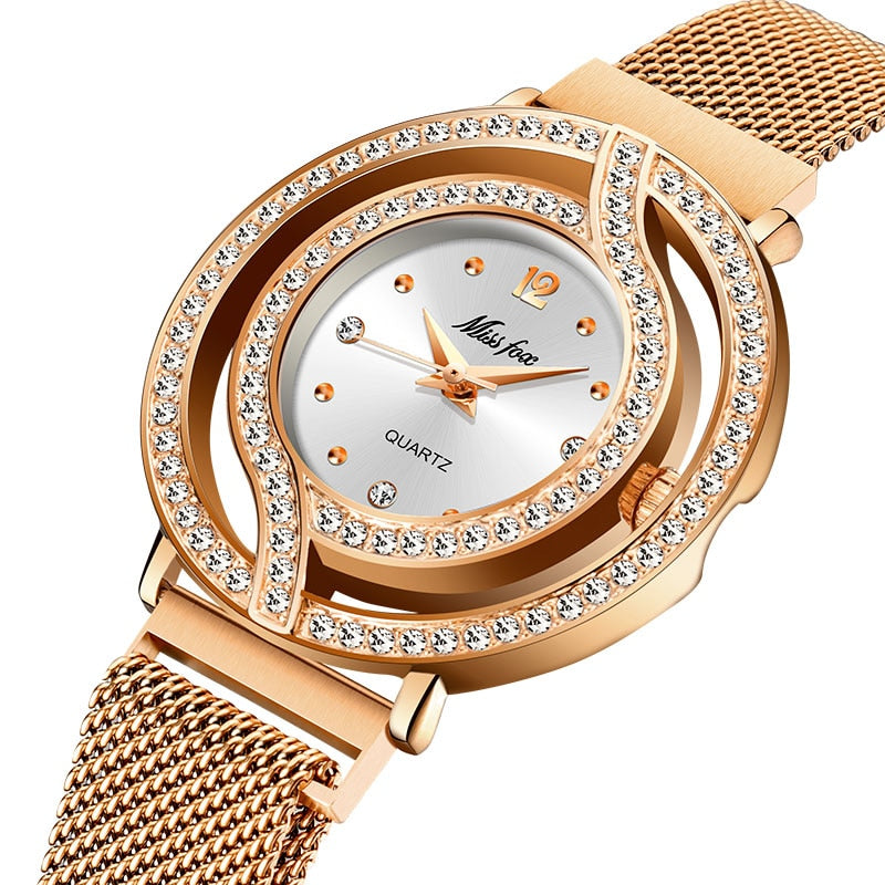 2020 MISSFOX, relojes de lujo para mujer, reloj magnético para mujer, reloj de pulsera de cuarzo con bisel hueco, reloj de pulsera Xfcs con diamantes a la moda para mujer