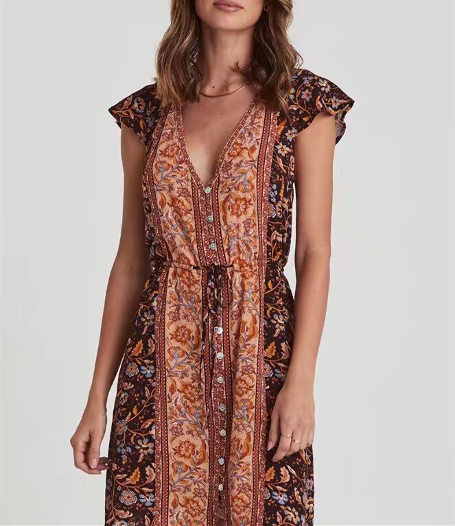 2020 Bohemia Camelia estampado Floral vestido de verano vacaciones mujer encaje hasta la cintura botón de un solo pecho vestidos de manga corta playa