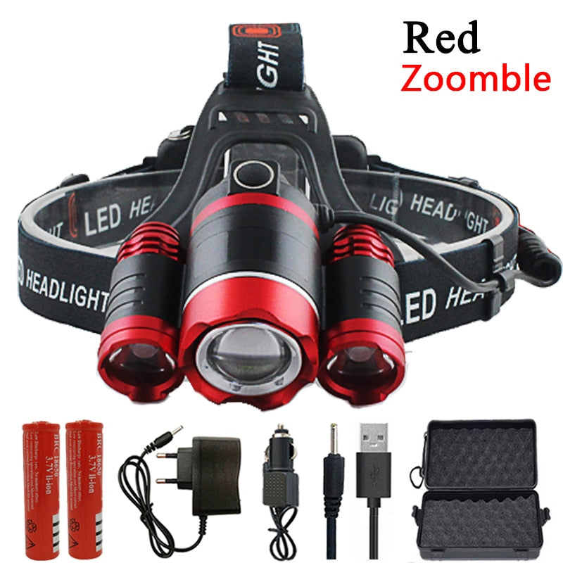 3 Led Headlamp Rechargeable XM-L T6 Headlight light Lantern Head Lamp Flashlight zoomable 18650 Battery Hunting fishing lighting