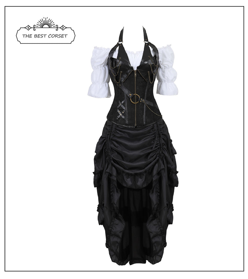 Steampunk Korsettkleid Vintage Rock Göttin Kostüm High Low Rüschen Party Piratenröcke Lolita Mittelalterlich Viktorianisch 3-teiliges Set