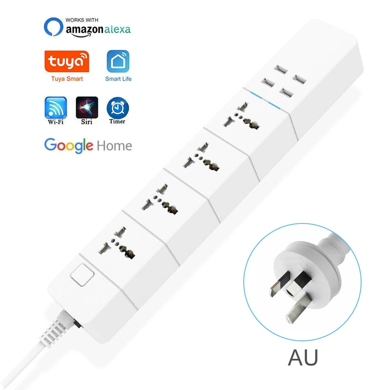 WIFI Smart Power Strip Universal Works With Alexa Googlehome Multi Plug  four takes 6AC Socket  4 USB Voice Contro UK/EU/US/AU