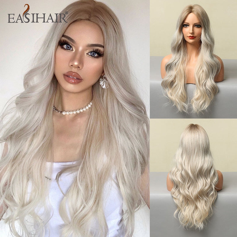 EASIHAIR Long Body Wave Light Brown Wigs with Blonde Highlights Middle Part Cosplay Heat Resistant Synthetic Hair Wigs for Women