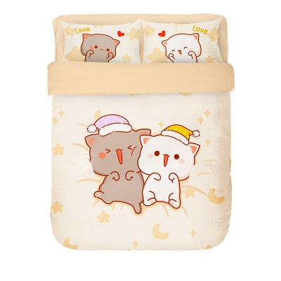 4-teiliges Set Kawaii-Katzen-Bettlaken, Baumwoll-Bettwäsche-Set, weicher Trösterbezug, Twin-Full-Queen-Size, für Mädchen-Bettlaken und Kissenbezüge