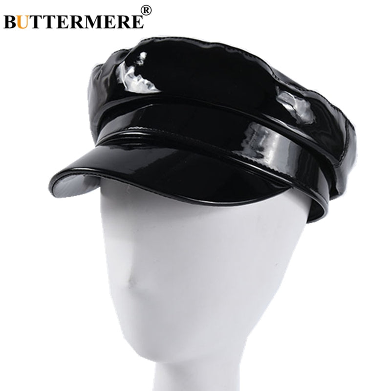 BUTTERMERE Patent Leather Military Style Cap Ladies Black Sailor Hat Woman Captain Cap Autumn Winter High Fashion Hats