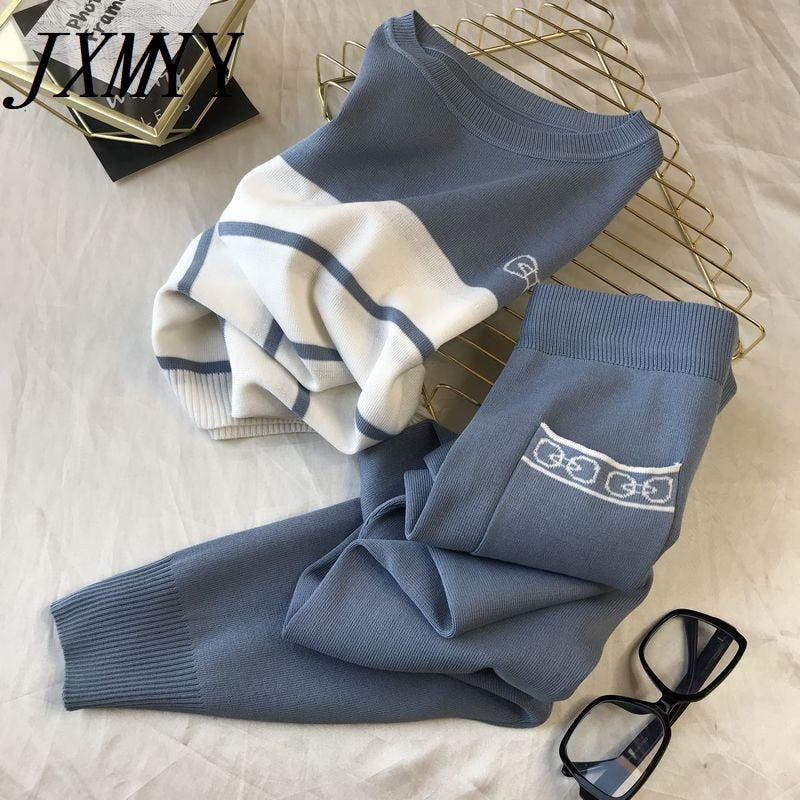 Korean Summer Butterfly Contrast Knitted 2 Peice Set Women Short Sleeve Sweater Female New Tops+pants Suit Pink Casual Tracksuit