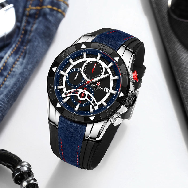 BELOHNUNG Mode Blau Männer Uhren Chronograph Top Marke Wasserdichte Quarzuhr Männer 2022 Neue Große Zifferblatt Sport Armbanduhr