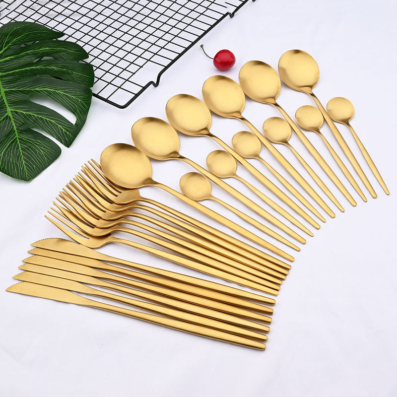 24Pcs Gold Matte Dinnerware Cutlery Set Stainless Steel Flatware Set Dinner Kniffe Fork Spoon Silverware Set Kitchen Tableware