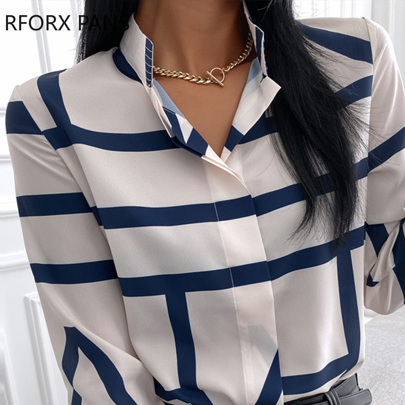 Camisa informal de manga larga a rayas de primavera Blusa de manga larga Top de mujer 2021