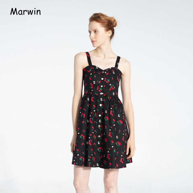 Marwin New-Coming Summer Women Spaghetti Strap Print Floral Sleeveless Empire Beach Dresses High Street Style