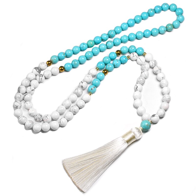 Cuentas de piedra de howlita blanca Natural de 8mm y pulsera de turquesa azul para mujeres y hombres, conjuntos de collar, joyería de cuentas de meditación 108 Mala