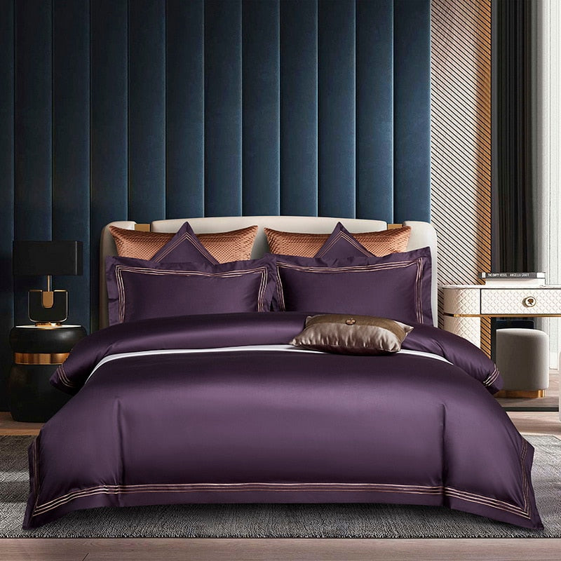 Luxus drei Linien reine Farbe ägyptische Baumwolle Bettwäsche-Sets König Queen-Size-Stickerei weiches Bett-Set Bettbezug flaches Spannbettlaken