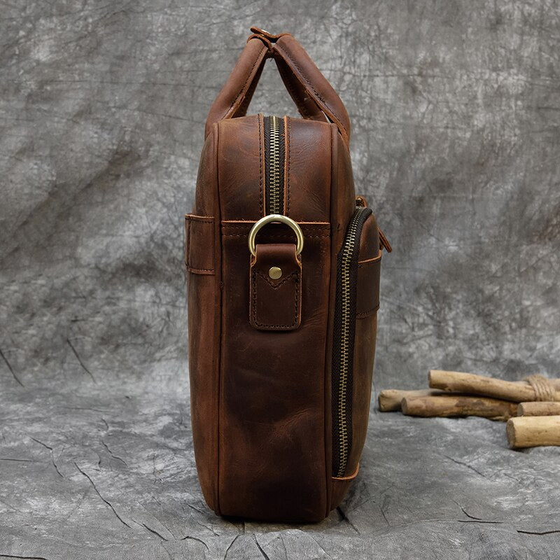 Vintage Men's Crazy Horse Genuine Leather Briefcase Cowhide Business Handbag Cow Leather Laptop Portfolio Shoulder Messenger Bag