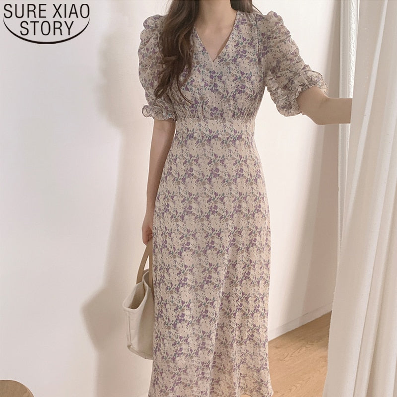 2022 Sommer koreanischen Stil elegantes Kleid Vintage Blumendruck hohe Taille V-Ausschnitt Kurzarm Mode lässig knöchellangen Kleider
