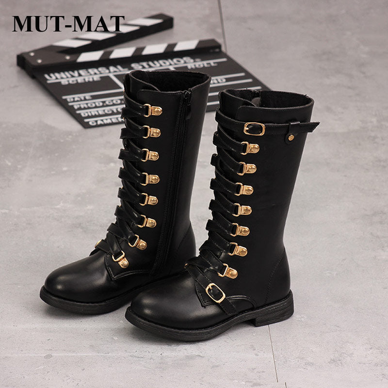 Kinderstiefel Mädchen Warme Mode Metallknopf Kniehohe Stiefel Hochwertiges Leder Wasserdichte Erwärmung High-Top-Plüschstiefel