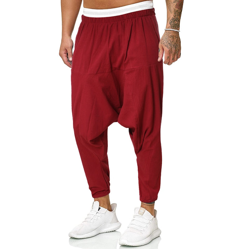 2022 pantalones cruzados de lino para hombre, pantalones bombachos holgados para hombre, pantalones negros sólidos para hombre, joggers de hip hop, ropa de calle para hombre, pantalones de piernas anchas