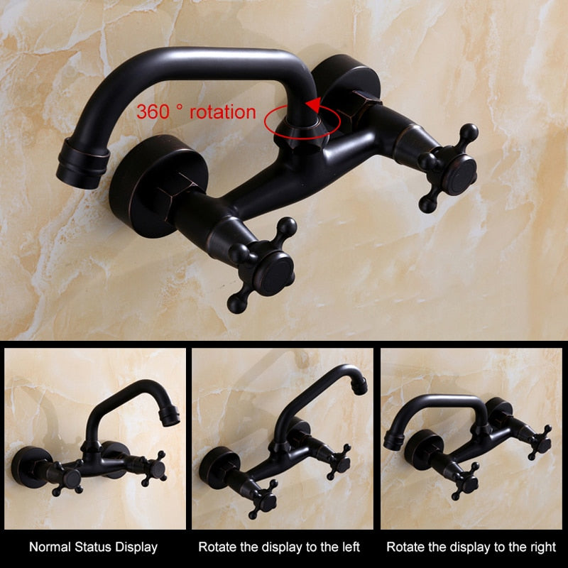 Wall Mounted Kitchen Faucets Black Wall Sink Faucet 2 Handle Hot Cold Water Mixer Tap ELM204