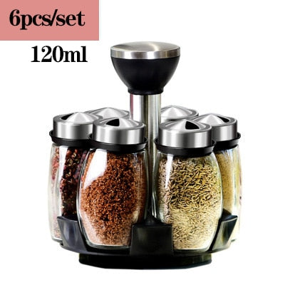 Glass seasoning jar box rotary set  box kitchen salt seasoning jar powder Organizer Revolving Spice Rack Storage Box Glass Bowl