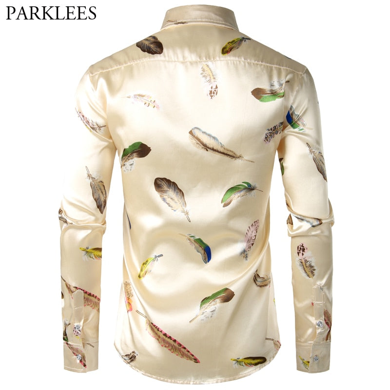 Feather Printed Silk Shirt Men Satin Smooth Men Long Sleeve Casual Party Button Down Men Designer Shirts for Men Camisas Hombre