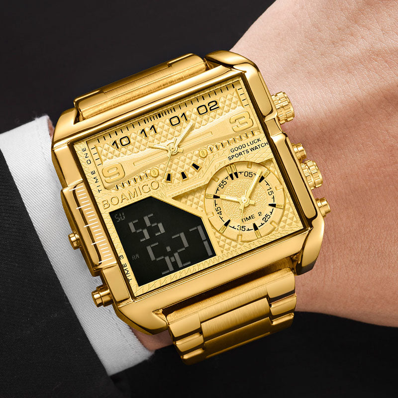 BOAMIGO Top Brand New 3 time zone Watch Man Sport digital Watches stainless steel  military Quartz Watch relogio masculino