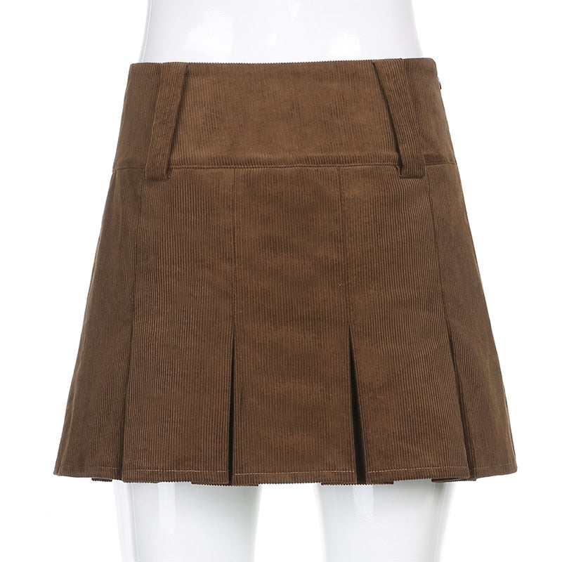 Sweetown Brown Vintage Corduroy Pleated Skirts Womens 90s New Aesthetic School Girl Mini Skirt High Waist Cute Kawaii Clothes