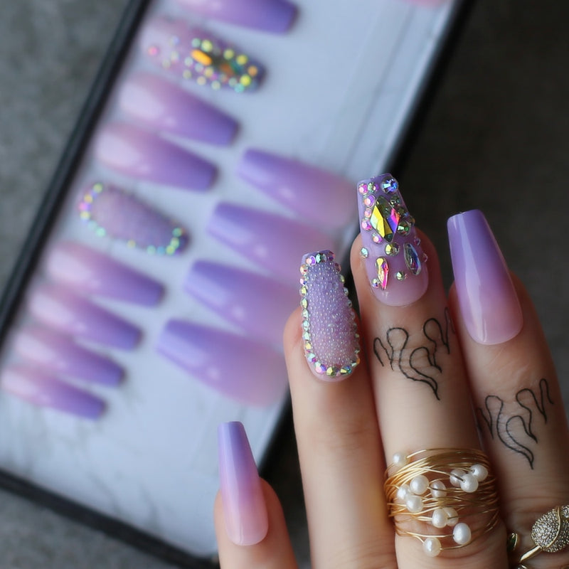 Box gift ombre Purple Lavender coffin false nails Crystal design design caviar Shaped drill Trapezoid fake nails Custom logo